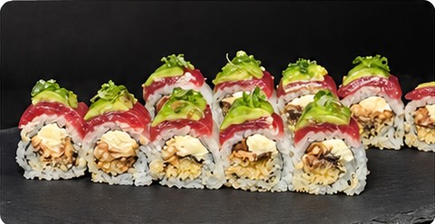 Godzilla Roll: eel and cream cheese roll topped with tuna and avocado